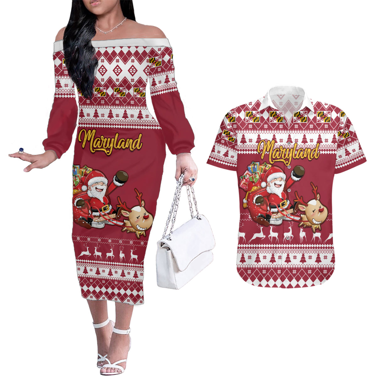 Custom Maryland Christmas Couples Matching Off The Shoulder Long Sleeve Dress and Hawaiian Shirt Santa Claus Riding A Reindeer - Wonder Print Shop