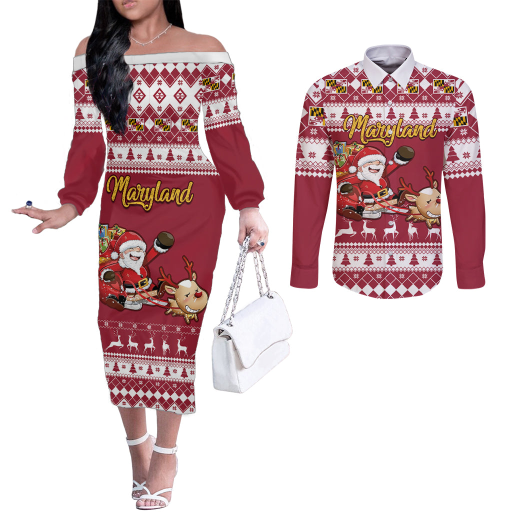 custom-maryland-christmas-couples-matching-off-the-shoulder-long-sleeve-dress-and-long-sleeve-button-shirt-santa-claus-riding-a-reindeer