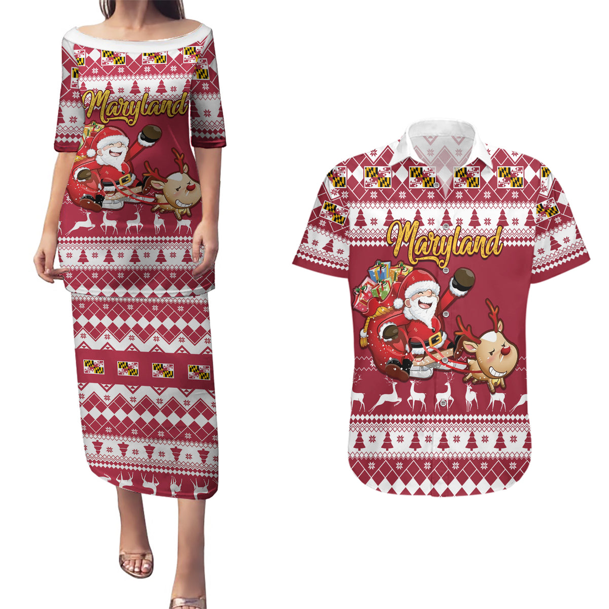 Custom Maryland Christmas Couples Matching Puletasi Dress and Hawaiian Shirt Santa Claus Riding A Reindeer - Wonder Print Shop