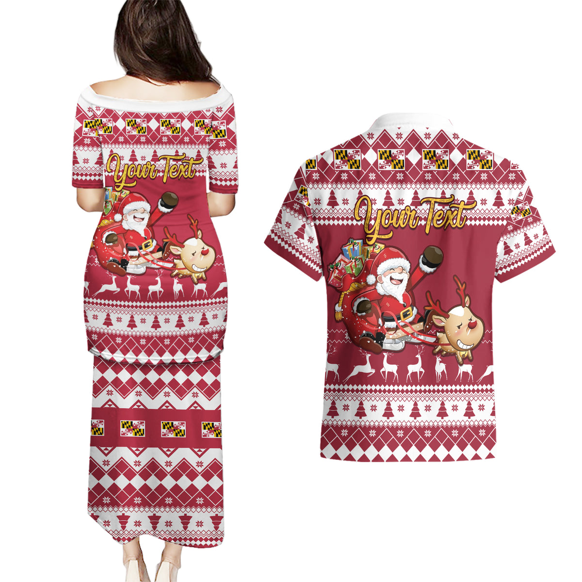 Custom Maryland Christmas Couples Matching Puletasi Dress and Hawaiian Shirt Santa Claus Riding A Reindeer - Wonder Print Shop