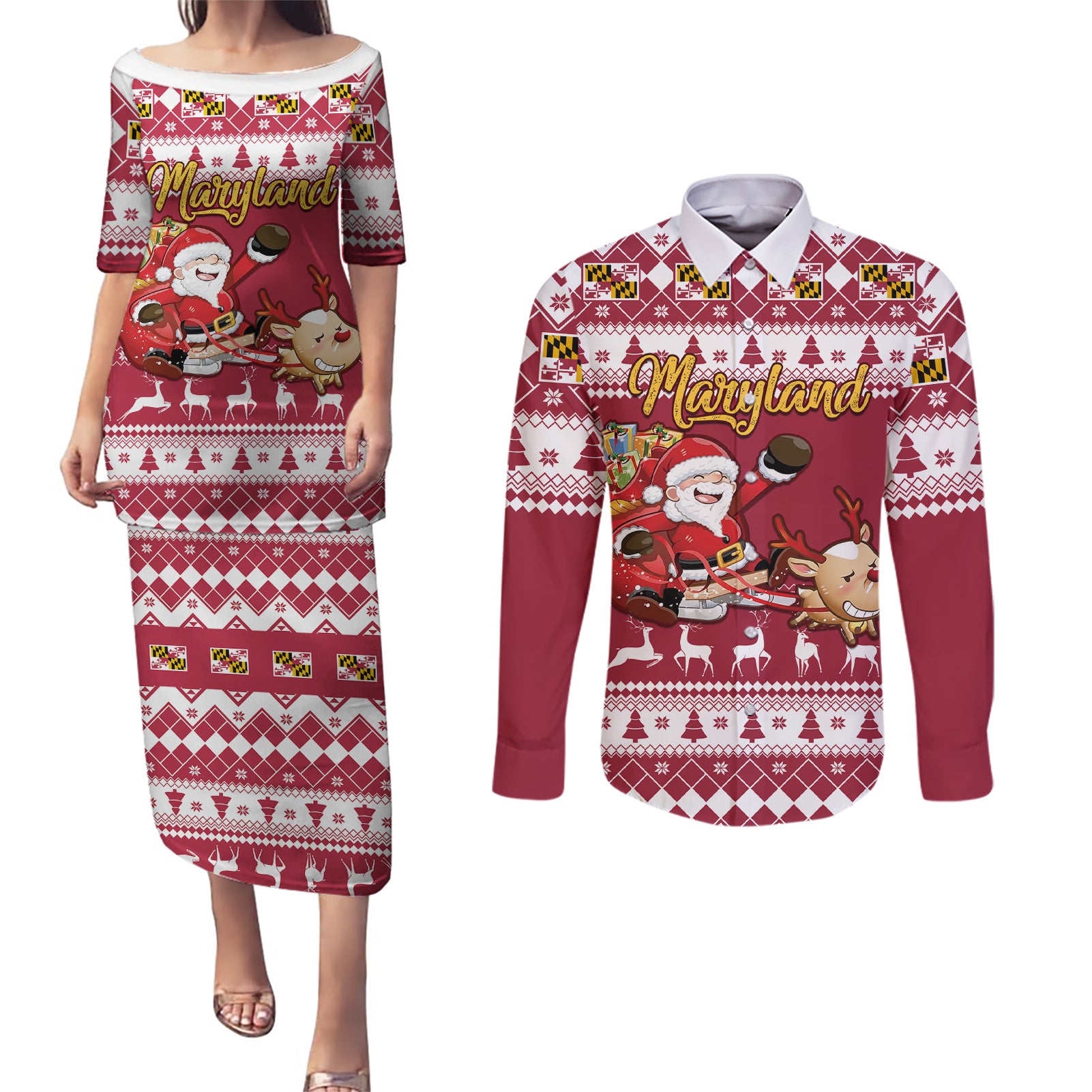 Custom Maryland Christmas Couples Matching Puletasi Dress and Long Sleeve Button Shirt Santa Claus Riding A Reindeer - Wonder Print Shop