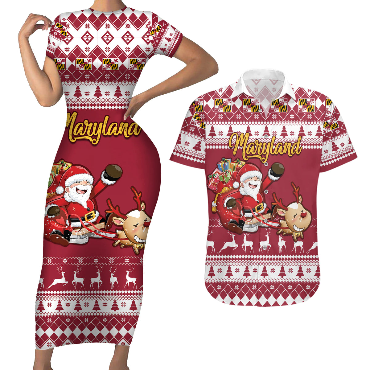 Custom Maryland Christmas Couples Matching Short Sleeve Bodycon Dress and Hawaiian Shirt Santa Claus Riding A Reindeer - Wonder Print Shop