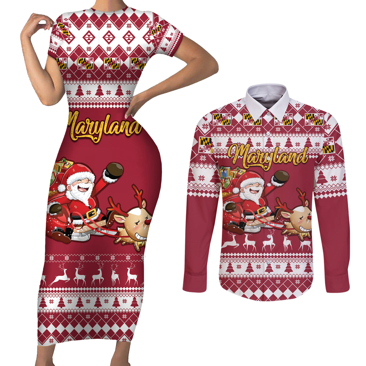 Custom Maryland Christmas Couples Matching Short Sleeve Bodycon Dress and Long Sleeve Button Shirt Santa Claus Riding A Reindeer - Wonder Print Shop