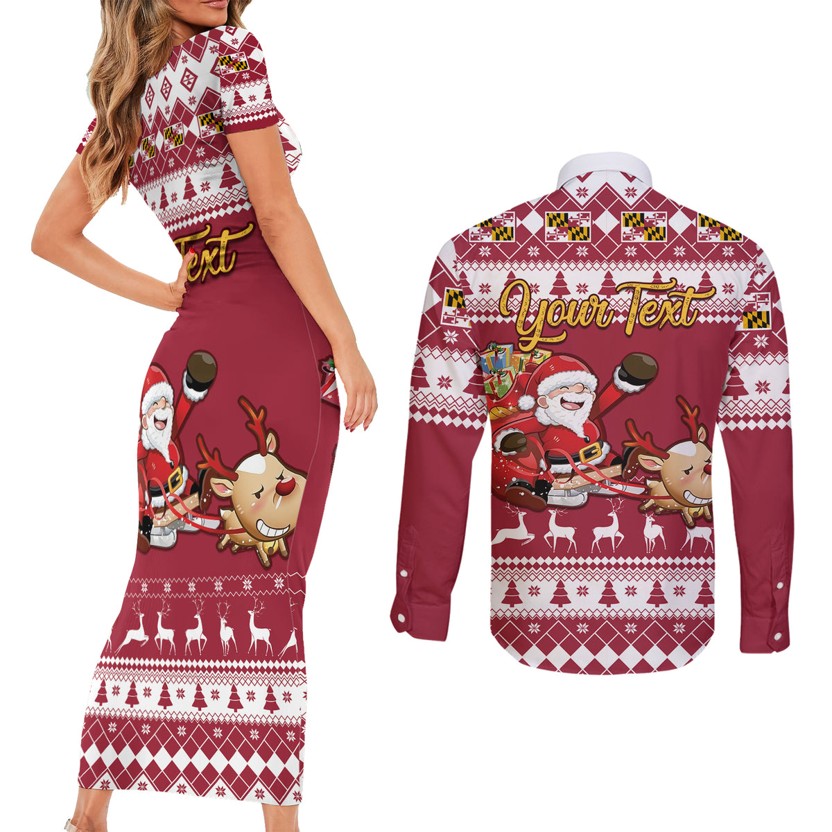 Custom Maryland Christmas Couples Matching Short Sleeve Bodycon Dress and Long Sleeve Button Shirt Santa Claus Riding A Reindeer - Wonder Print Shop