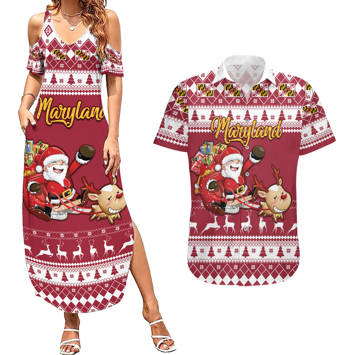 Custom Maryland Christmas Couples Matching Summer Maxi Dress and Hawaiian Shirt Santa Claus Riding A Reindeer - Wonder Print Shop