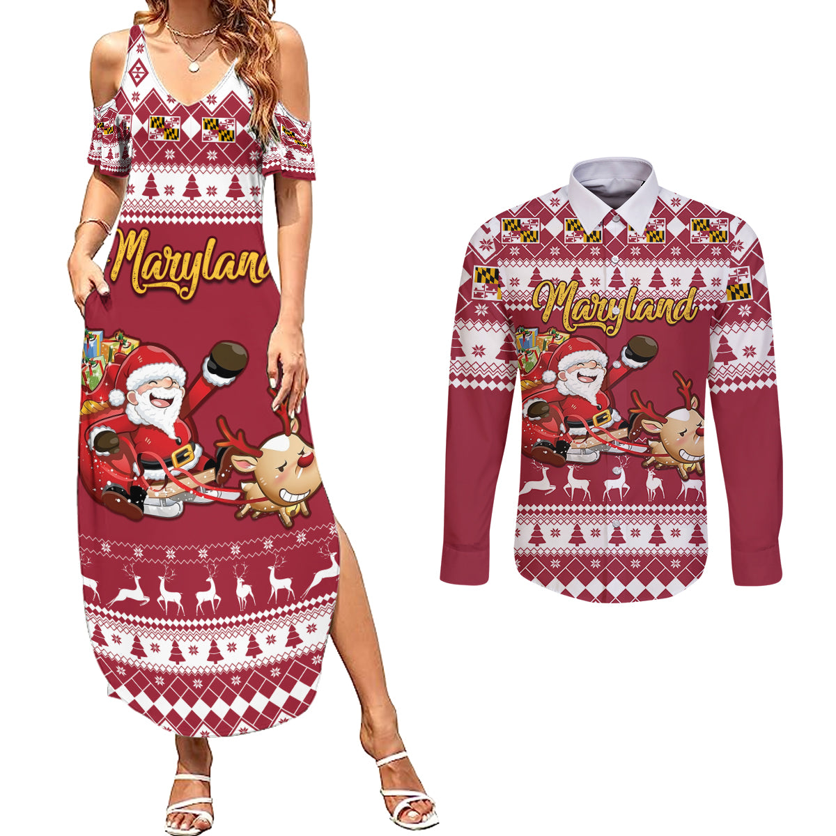 Custom Maryland Christmas Couples Matching Summer Maxi Dress and Long Sleeve Button Shirt Santa Claus Riding A Reindeer - Wonder Print Shop