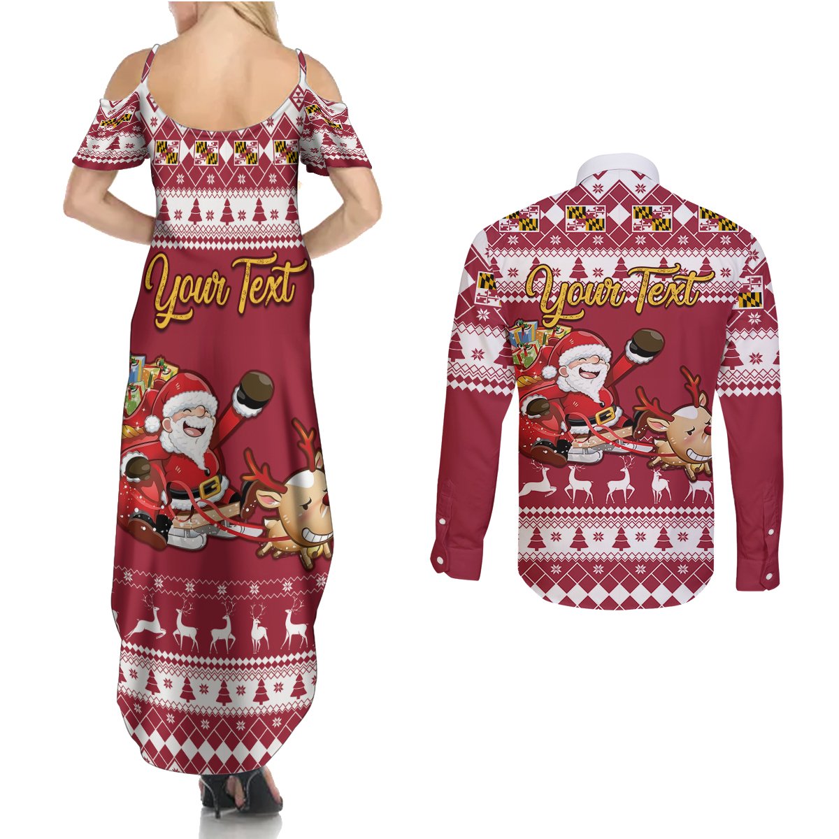 Custom Maryland Christmas Couples Matching Summer Maxi Dress and Long Sleeve Button Shirt Santa Claus Riding A Reindeer - Wonder Print Shop