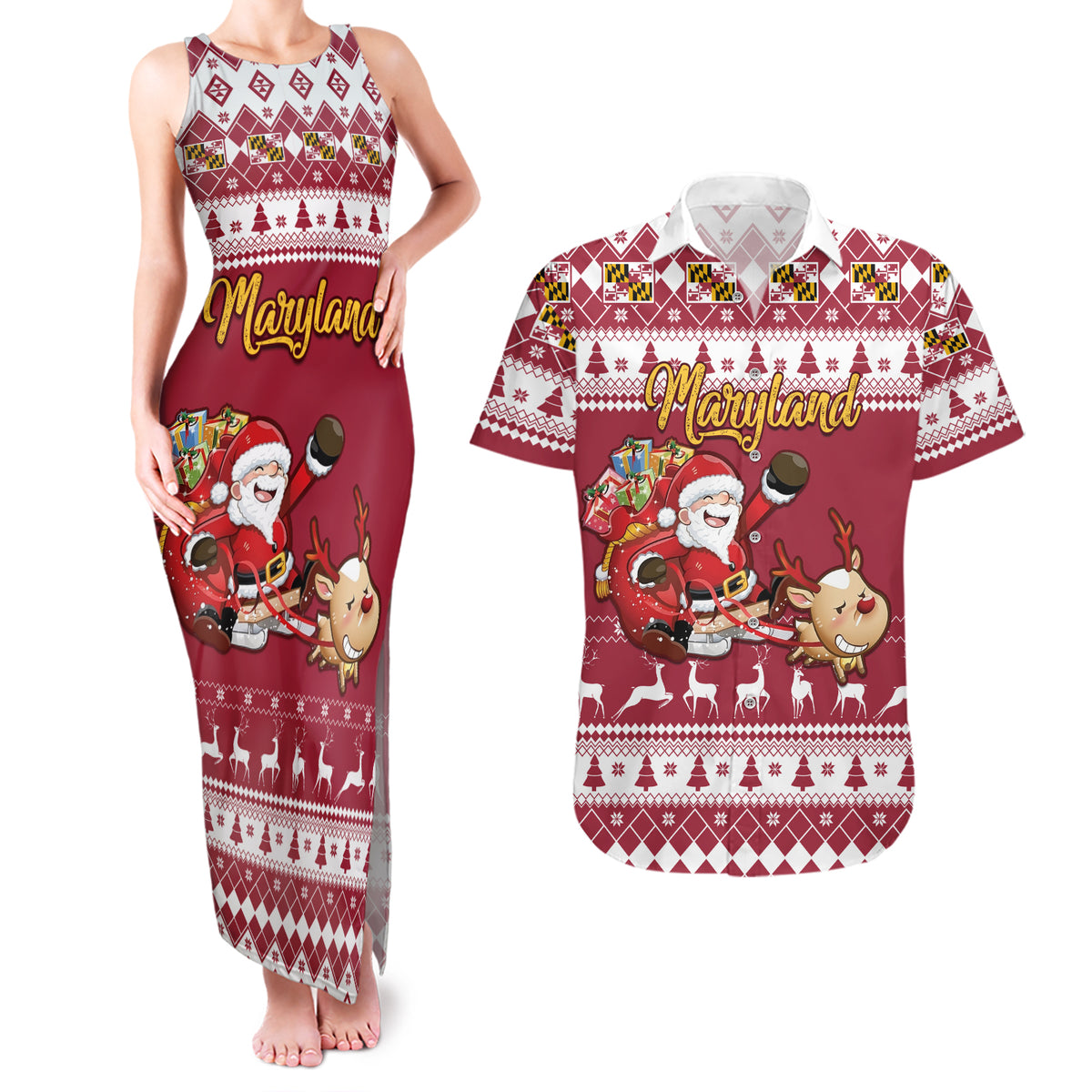 Custom Maryland Christmas Couples Matching Tank Maxi Dress and Hawaiian Shirt Santa Claus Riding A Reindeer - Wonder Print Shop