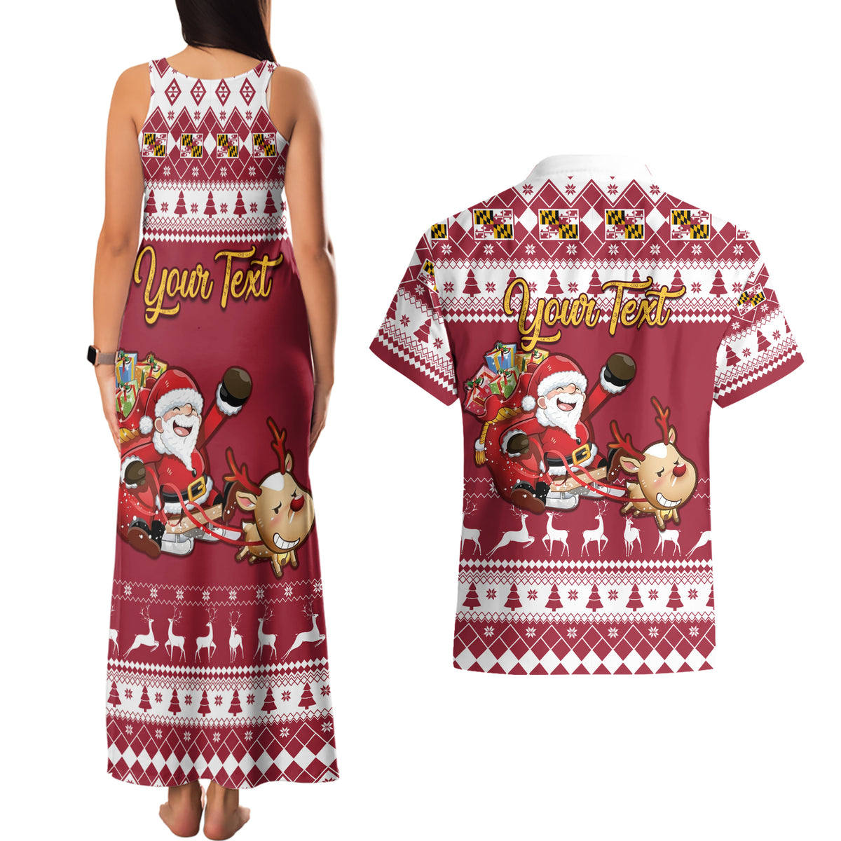 Custom Maryland Christmas Couples Matching Tank Maxi Dress and Hawaiian Shirt Santa Claus Riding A Reindeer - Wonder Print Shop