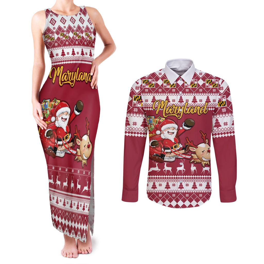 Custom Maryland Christmas Couples Matching Tank Maxi Dress and Long Sleeve Button Shirt Santa Claus Riding A Reindeer - Wonder Print Shop
