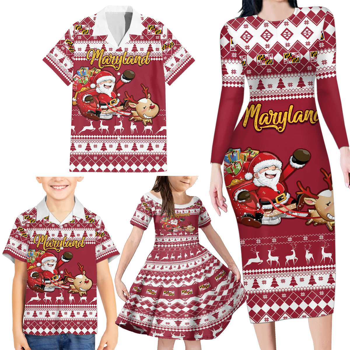 Custom Maryland Christmas Family Matching Long Sleeve Bodycon Dress and Hawaiian Shirt Santa Claus Riding A Reindeer - Wonder Print Shop