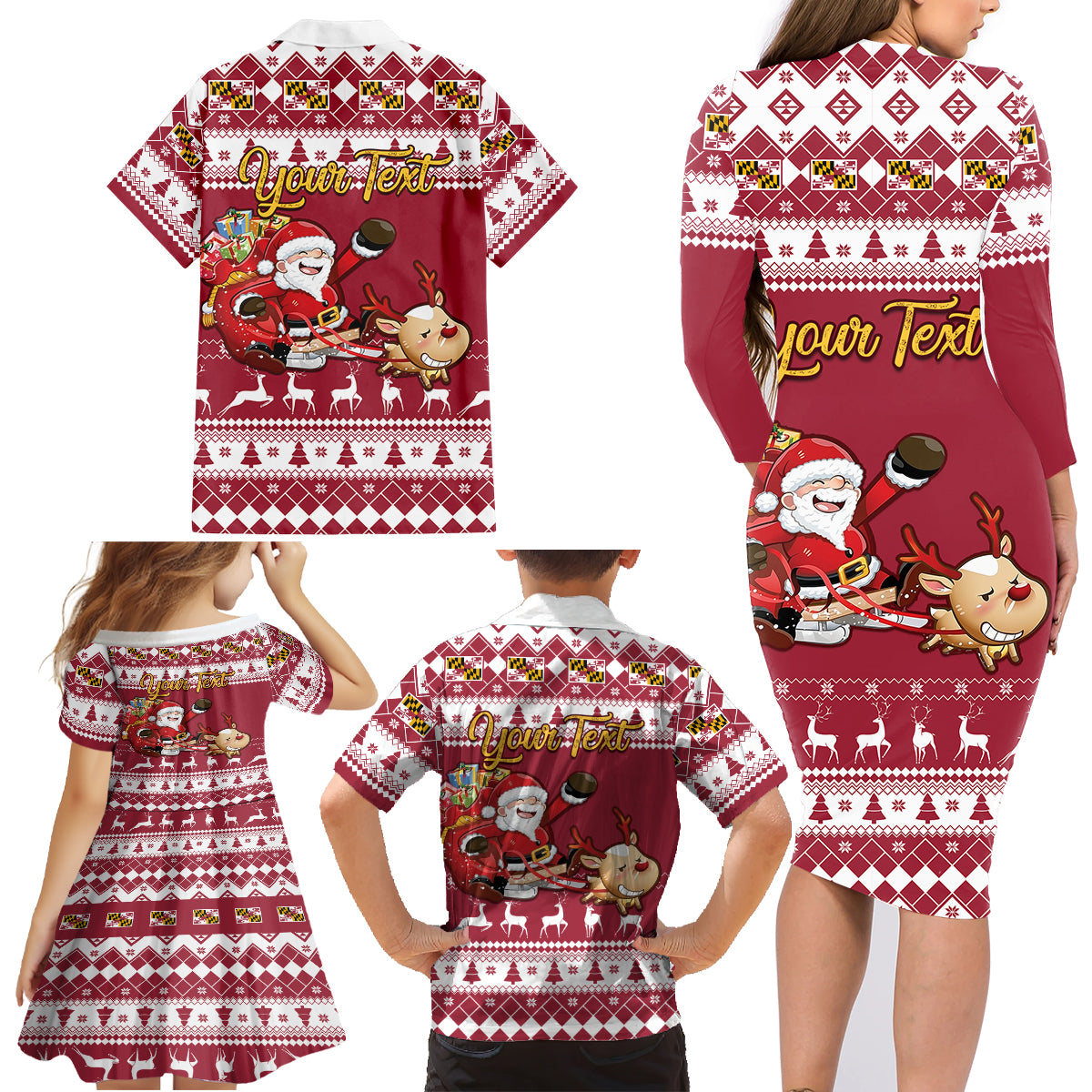 Custom Maryland Christmas Family Matching Long Sleeve Bodycon Dress and Hawaiian Shirt Santa Claus Riding A Reindeer - Wonder Print Shop