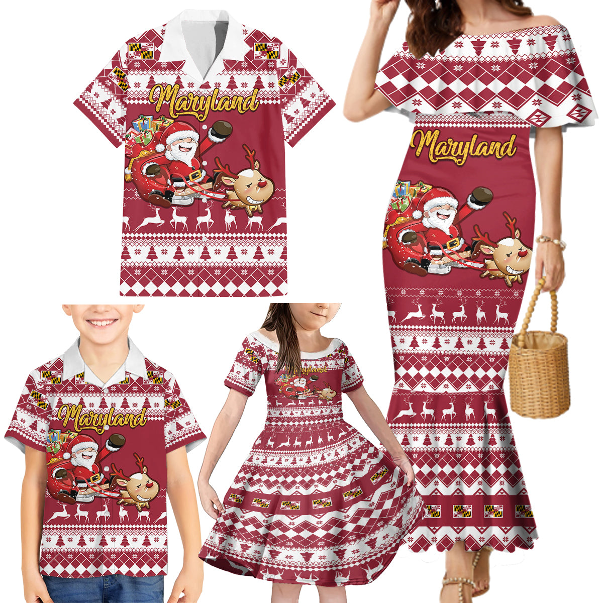 Custom Maryland Christmas Family Matching Mermaid Dress and Hawaiian Shirt Santa Claus Riding A Reindeer - Wonder Print Shop