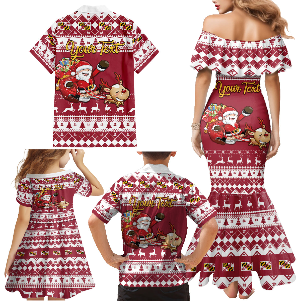 Custom Maryland Christmas Family Matching Mermaid Dress and Hawaiian Shirt Santa Claus Riding A Reindeer - Wonder Print Shop