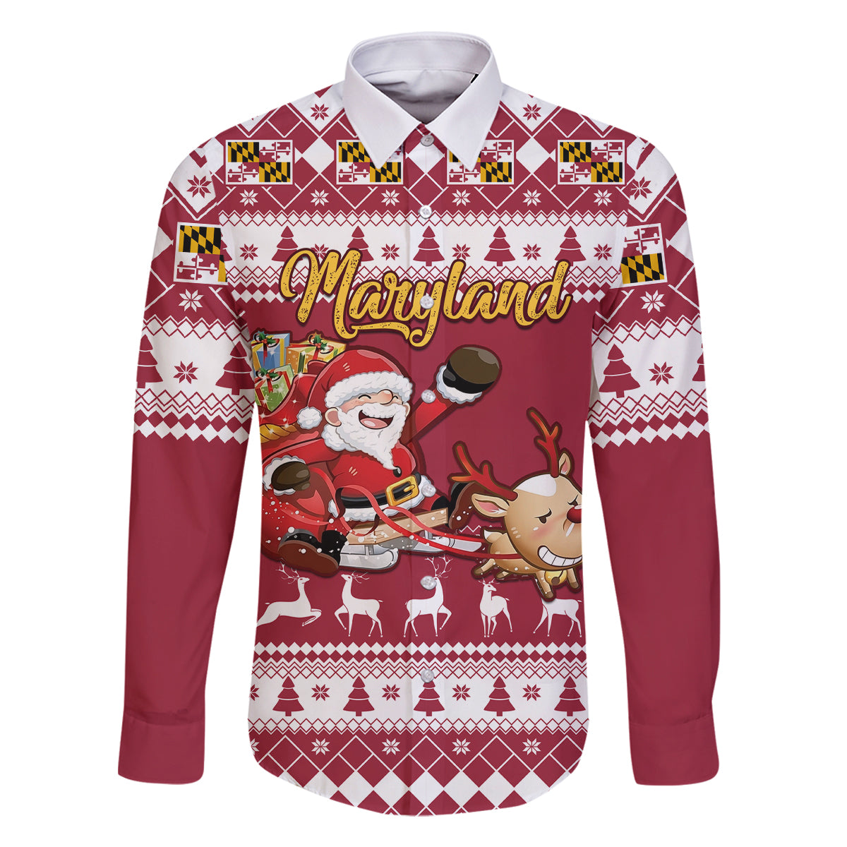 Custom Maryland Christmas Family Matching Mermaid Dress and Hawaiian Shirt Santa Claus Riding A Reindeer - Wonder Print Shop