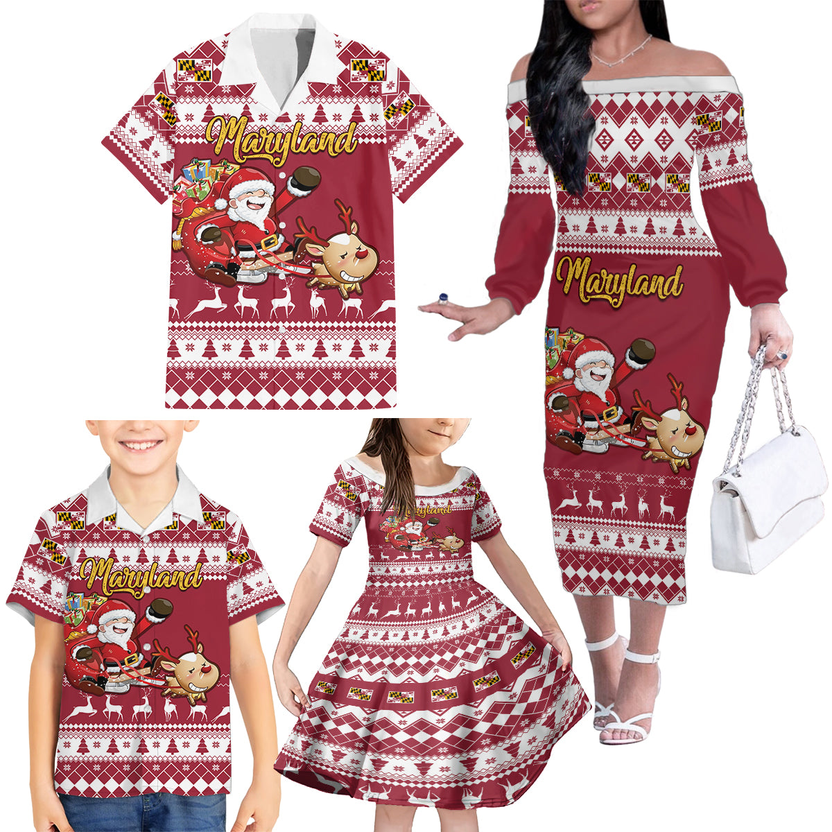 Custom Maryland Christmas Family Matching Off Shoulder Long Sleeve Dress and Hawaiian Shirt Santa Claus Riding A Reindeer - Wonder Print Shop