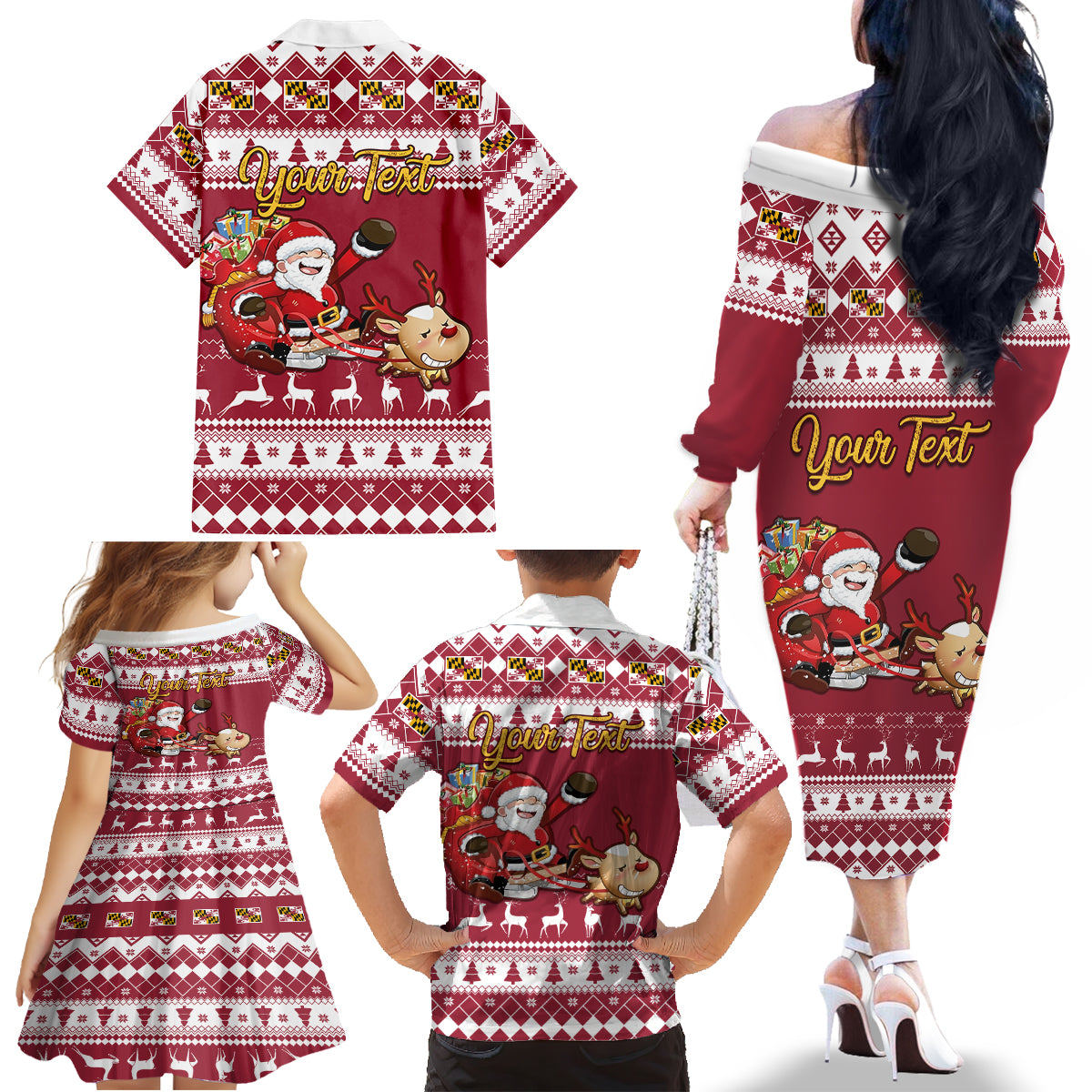 Custom Maryland Christmas Family Matching Off Shoulder Long Sleeve Dress and Hawaiian Shirt Santa Claus Riding A Reindeer - Wonder Print Shop