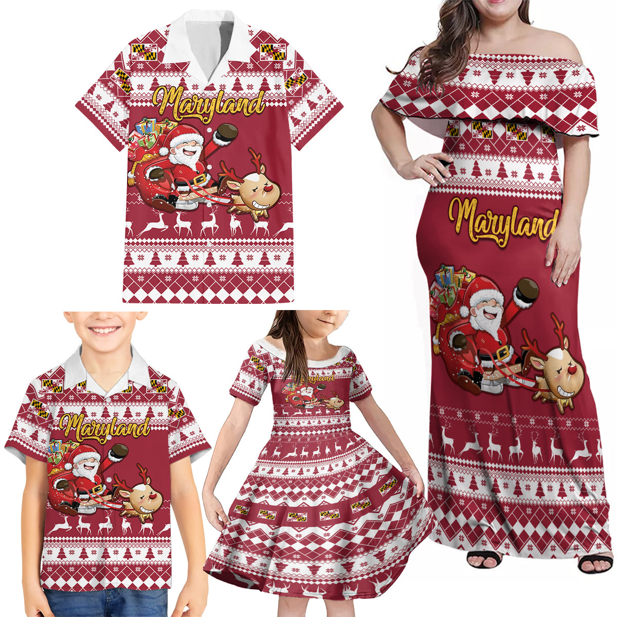 Custom Maryland Christmas Family Matching Off Shoulder Maxi Dress and Hawaiian Shirt Santa Claus Riding A Reindeer - Wonder Print Shop