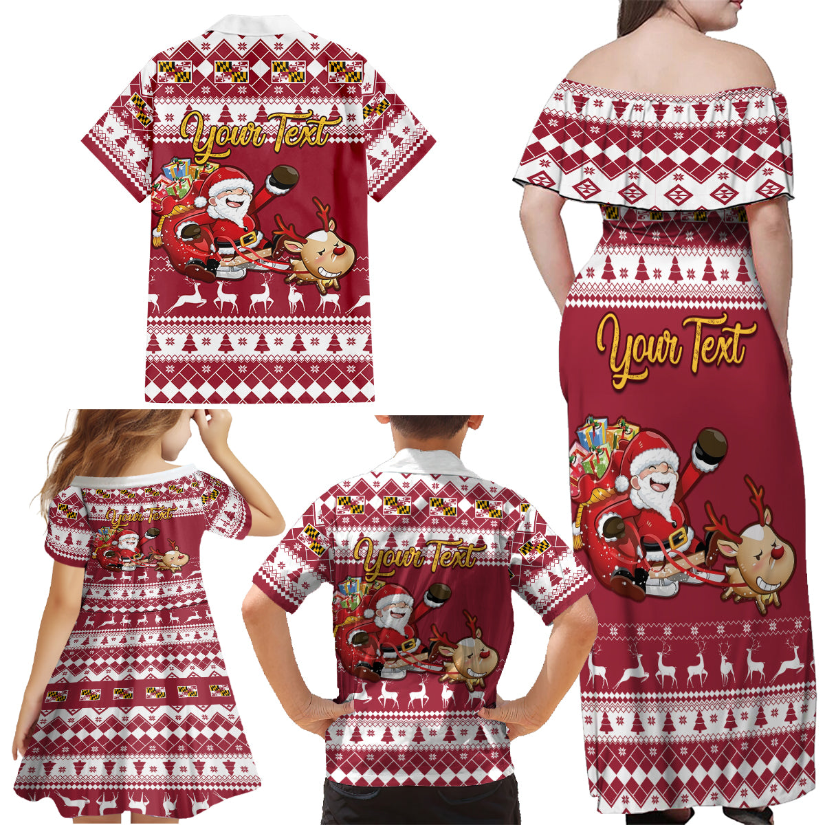 Custom Maryland Christmas Family Matching Off Shoulder Maxi Dress and Hawaiian Shirt Santa Claus Riding A Reindeer - Wonder Print Shop