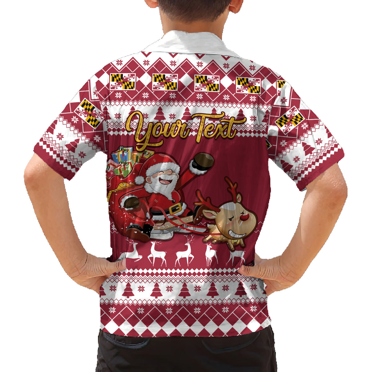 Custom Maryland Christmas Family Matching Off Shoulder Short Dress and Hawaiian Shirt Santa Claus Riding A Reindeer - Wonder Print Shop
