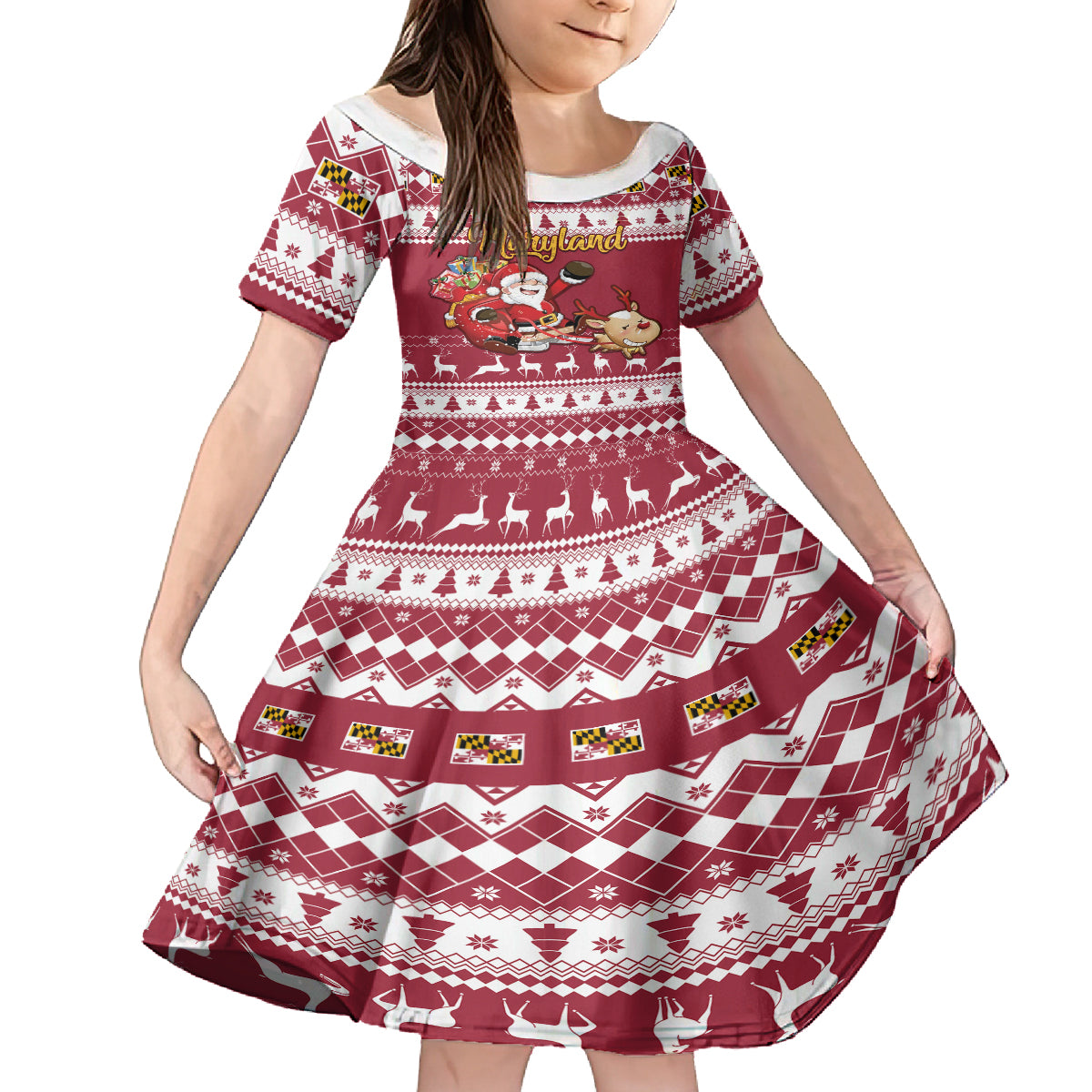 Custom Maryland Christmas Family Matching Off Shoulder Short Dress and Hawaiian Shirt Santa Claus Riding A Reindeer - Wonder Print Shop