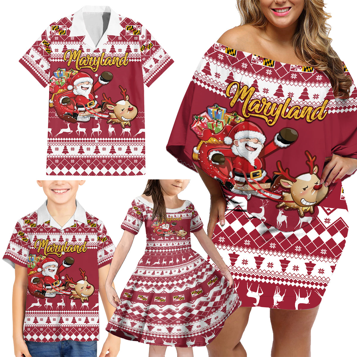 Custom Maryland Christmas Family Matching Off Shoulder Short Dress and Hawaiian Shirt Santa Claus Riding A Reindeer - Wonder Print Shop