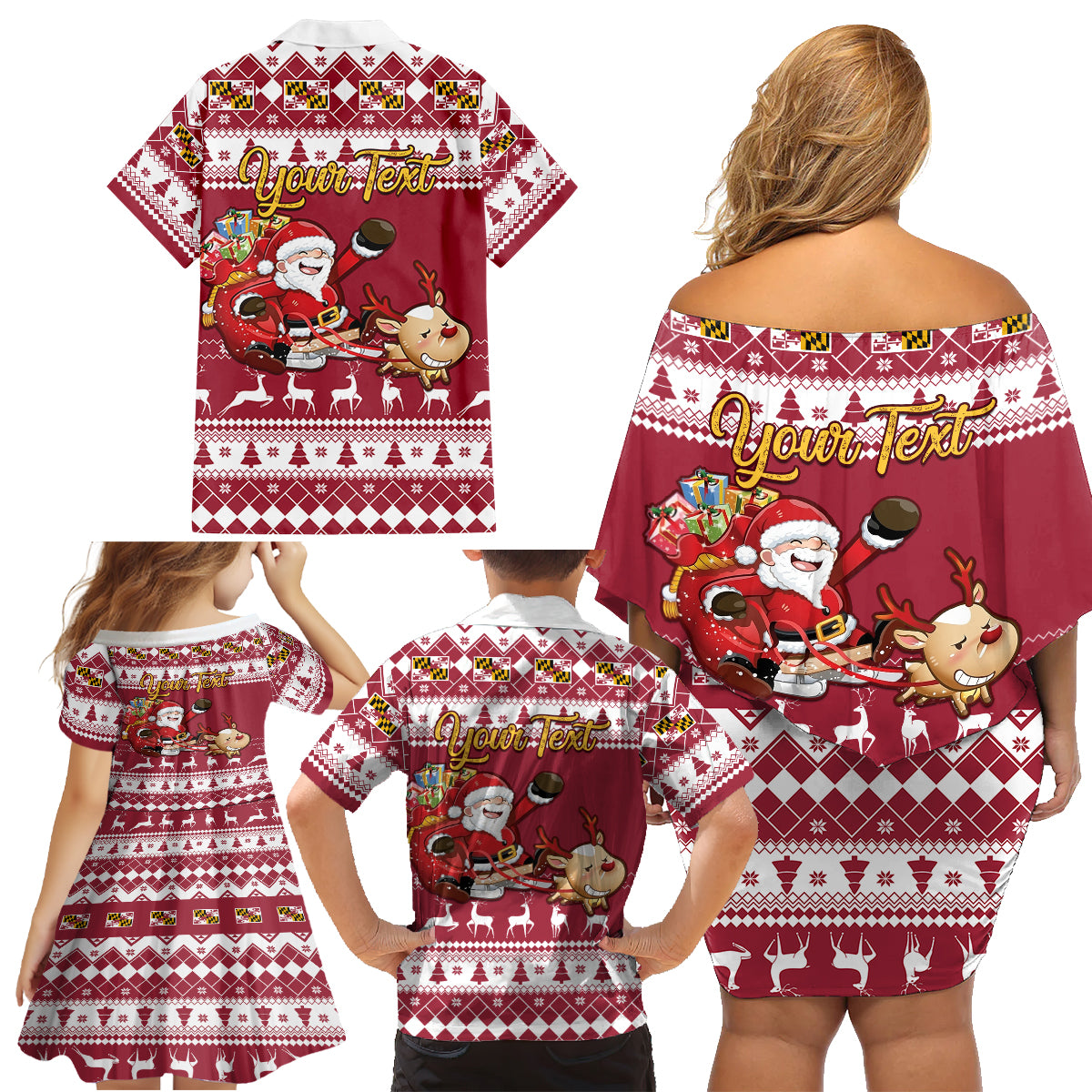 Custom Maryland Christmas Family Matching Off Shoulder Short Dress and Hawaiian Shirt Santa Claus Riding A Reindeer - Wonder Print Shop