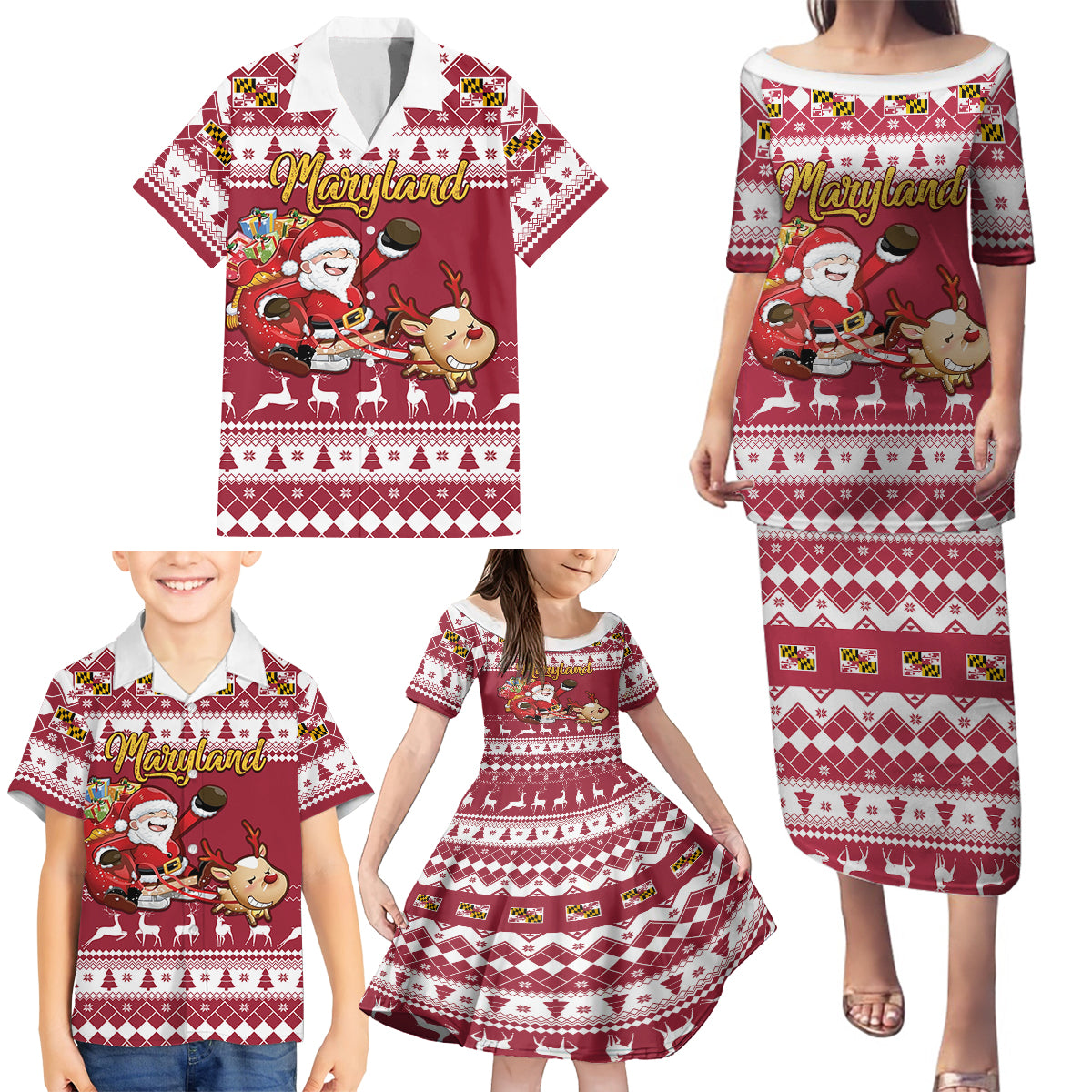 Custom Maryland Christmas Family Matching Puletasi Dress and Hawaiian Shirt Santa Claus Riding A Reindeer - Wonder Print Shop