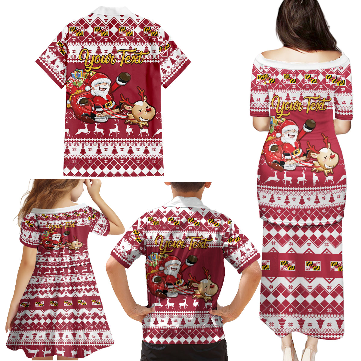 Custom Maryland Christmas Family Matching Puletasi Dress and Hawaiian Shirt Santa Claus Riding A Reindeer - Wonder Print Shop