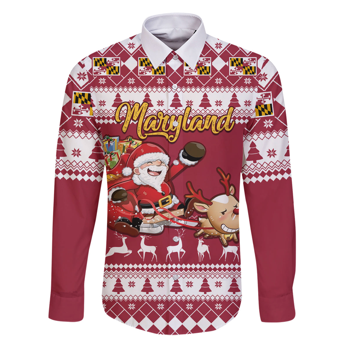 Custom Maryland Christmas Family Matching Puletasi Dress and Hawaiian Shirt Santa Claus Riding A Reindeer - Wonder Print Shop