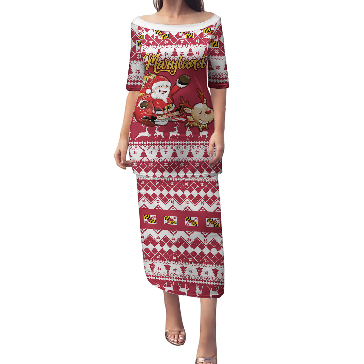 Custom Maryland Christmas Family Matching Puletasi Dress and Hawaiian Shirt Santa Claus Riding A Reindeer - Wonder Print Shop