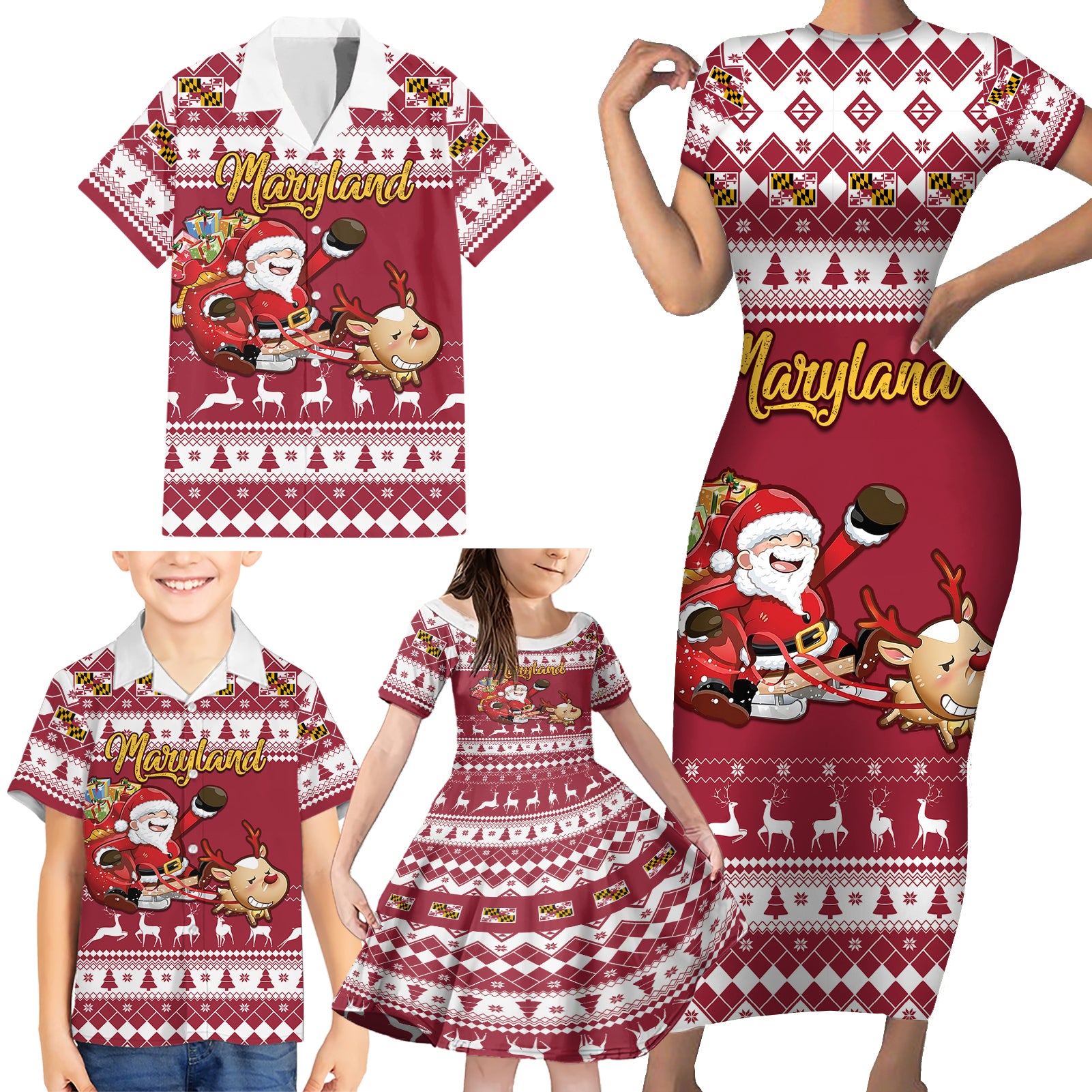 Custom Maryland Christmas Family Matching Short Sleeve Bodycon Dress and Hawaiian Shirt Santa Claus Riding A Reindeer - Wonder Print Shop