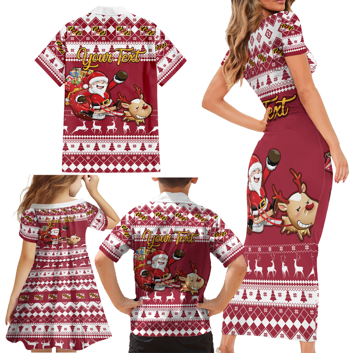 Custom Maryland Christmas Family Matching Short Sleeve Bodycon Dress and Hawaiian Shirt Santa Claus Riding A Reindeer - Wonder Print Shop