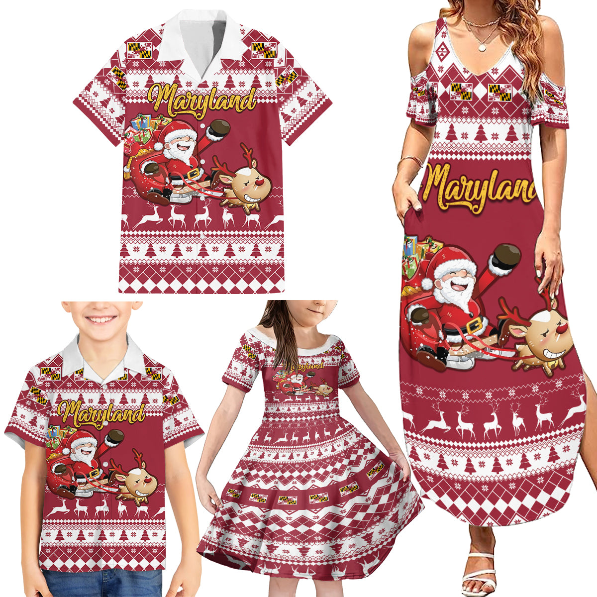Custom Maryland Christmas Family Matching Summer Maxi Dress and Hawaiian Shirt Santa Claus Riding A Reindeer - Wonder Print Shop