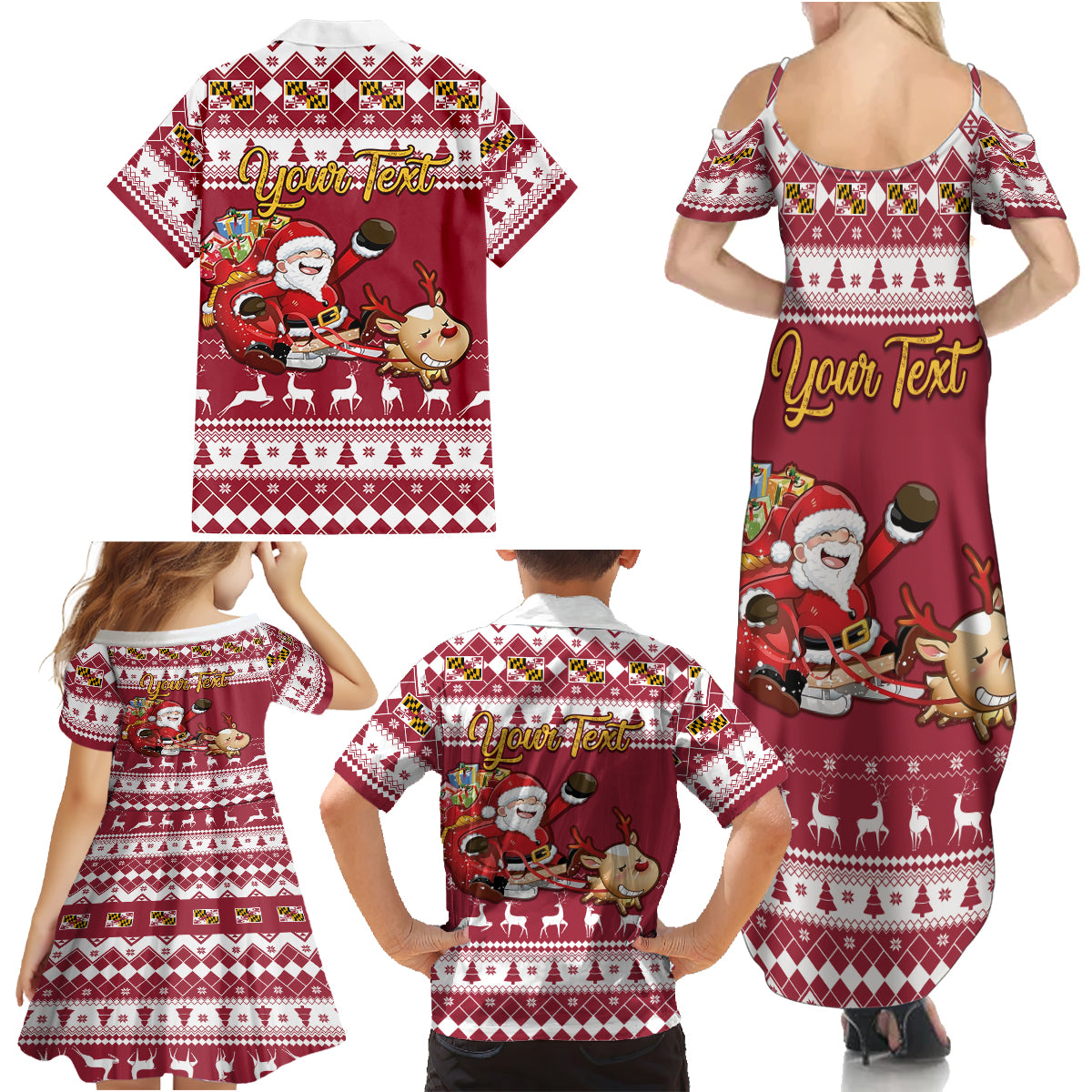 Custom Maryland Christmas Family Matching Summer Maxi Dress and Hawaiian Shirt Santa Claus Riding A Reindeer - Wonder Print Shop