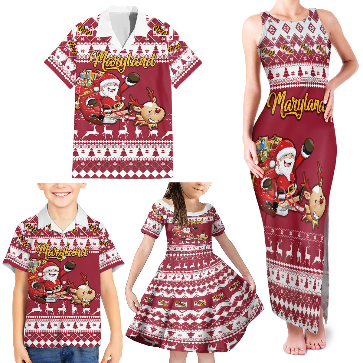 Custom Maryland Christmas Family Matching Tank Maxi Dress and Hawaiian Shirt Santa Claus Riding A Reindeer - Wonder Print Shop