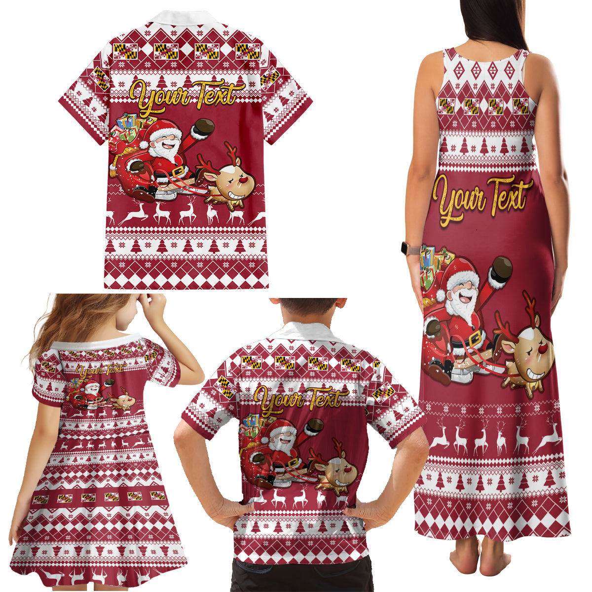 Custom Maryland Christmas Family Matching Tank Maxi Dress and Hawaiian Shirt Santa Claus Riding A Reindeer - Wonder Print Shop