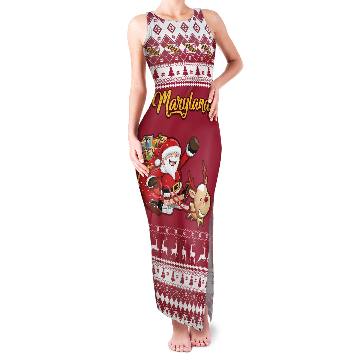 Custom Maryland Christmas Family Matching Tank Maxi Dress and Hawaiian Shirt Santa Claus Riding A Reindeer - Wonder Print Shop