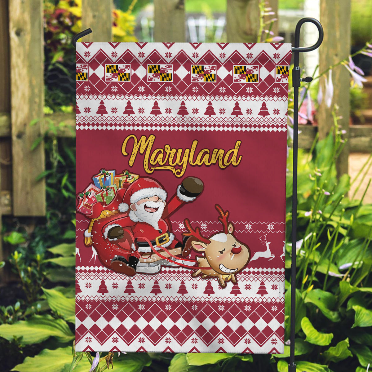 Custom Maryland Christmas Garden Flag Santa Claus Riding A Reindeer - Wonder Print Shop