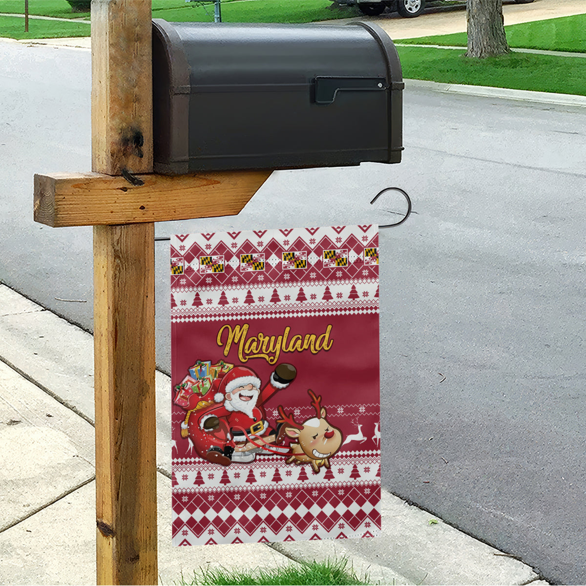 Custom Maryland Christmas Garden Flag Santa Claus Riding A Reindeer - Wonder Print Shop