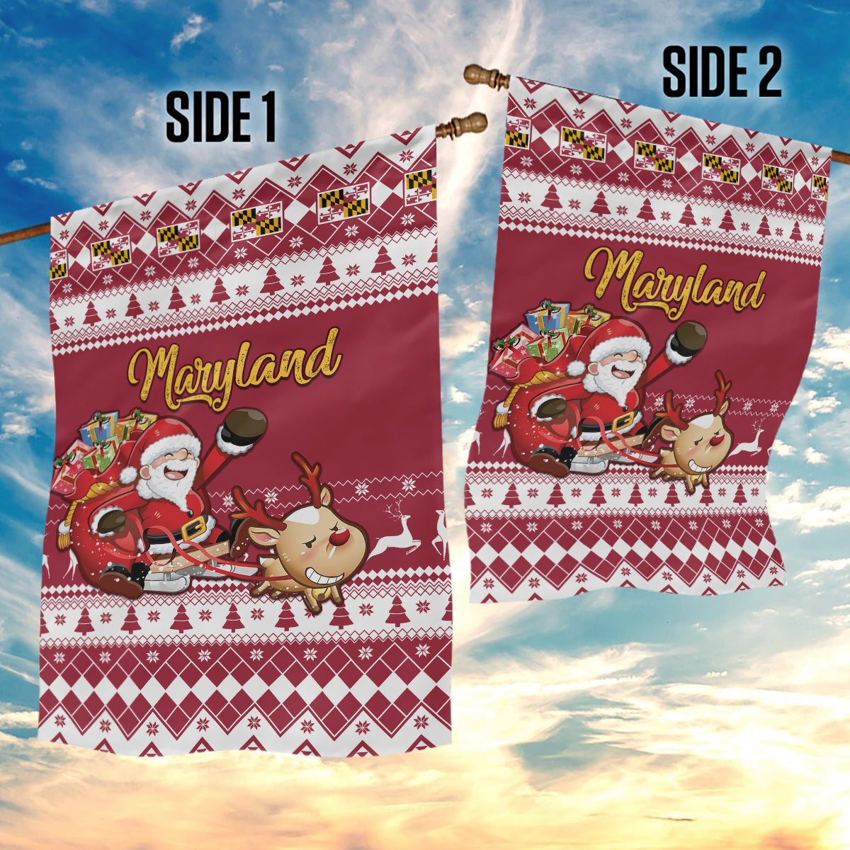 Custom Maryland Christmas Garden Flag Santa Claus Riding A Reindeer - Wonder Print Shop