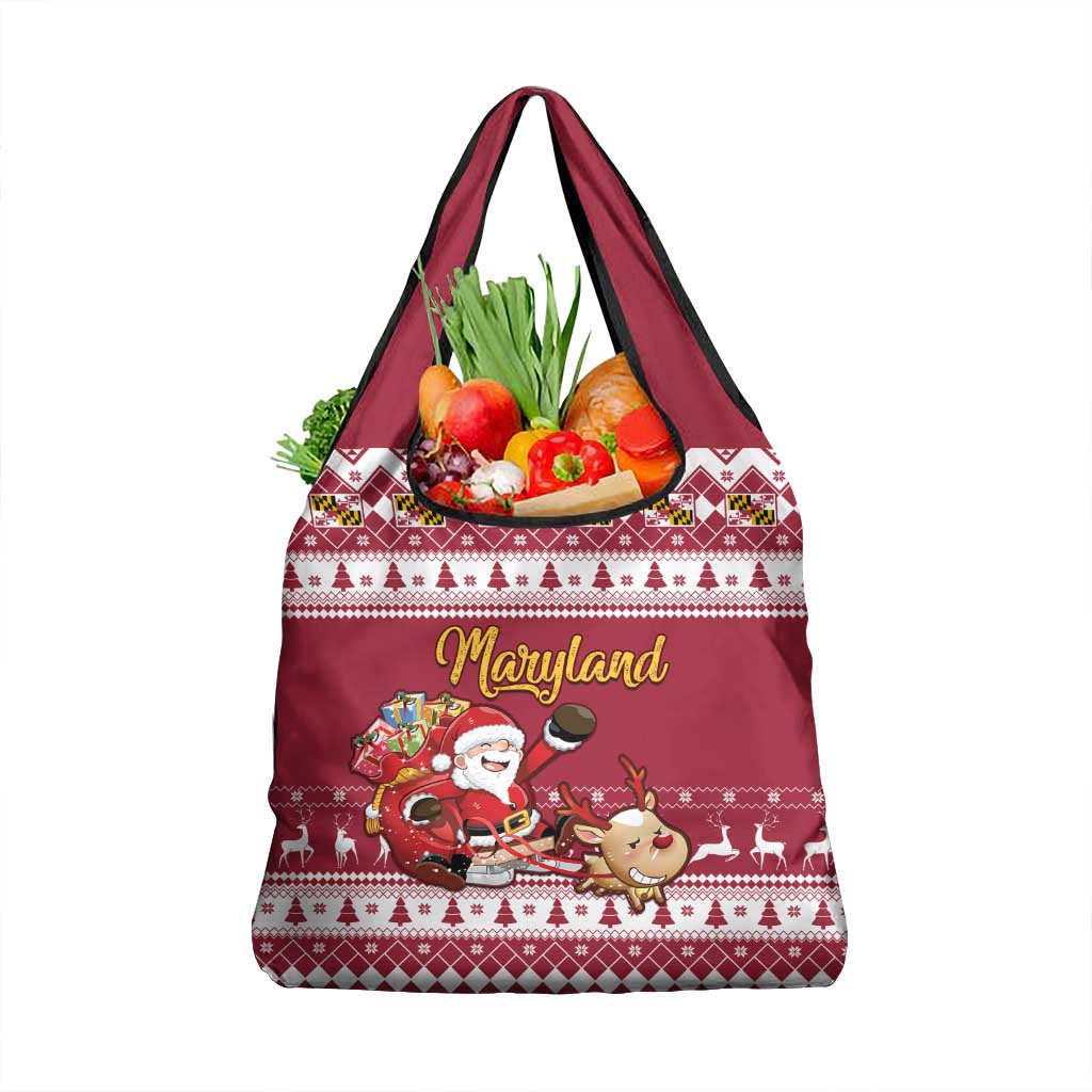 Custom Maryland Christmas Grocery Bag Santa Claus Riding A Reindeer