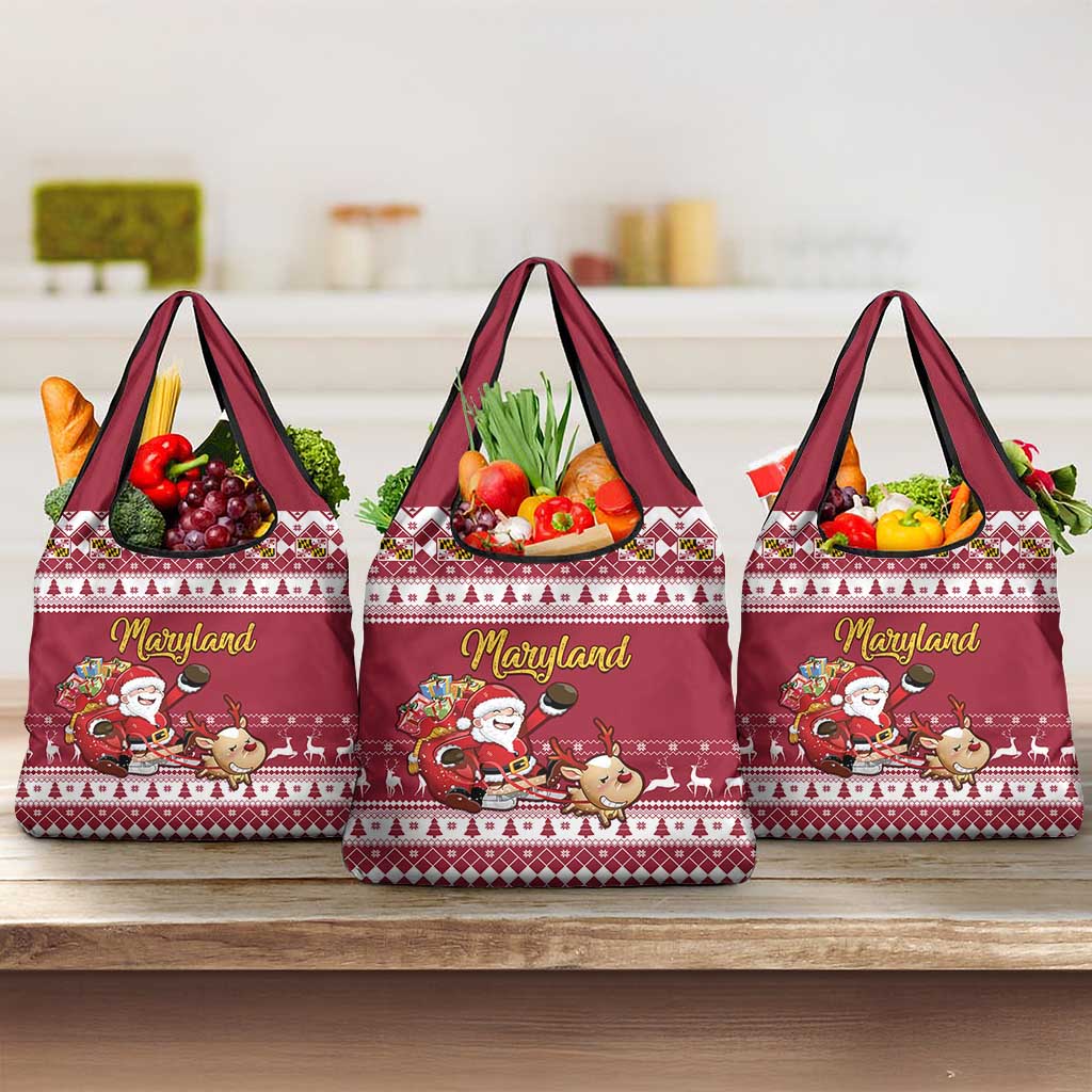 Custom Maryland Christmas Grocery Bag Santa Claus Riding A Reindeer
