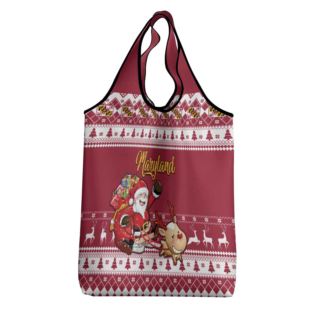 Custom Maryland Christmas Grocery Bag Santa Claus Riding A Reindeer