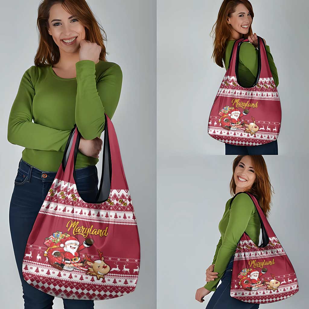Custom Maryland Christmas Grocery Bag Santa Claus Riding A Reindeer