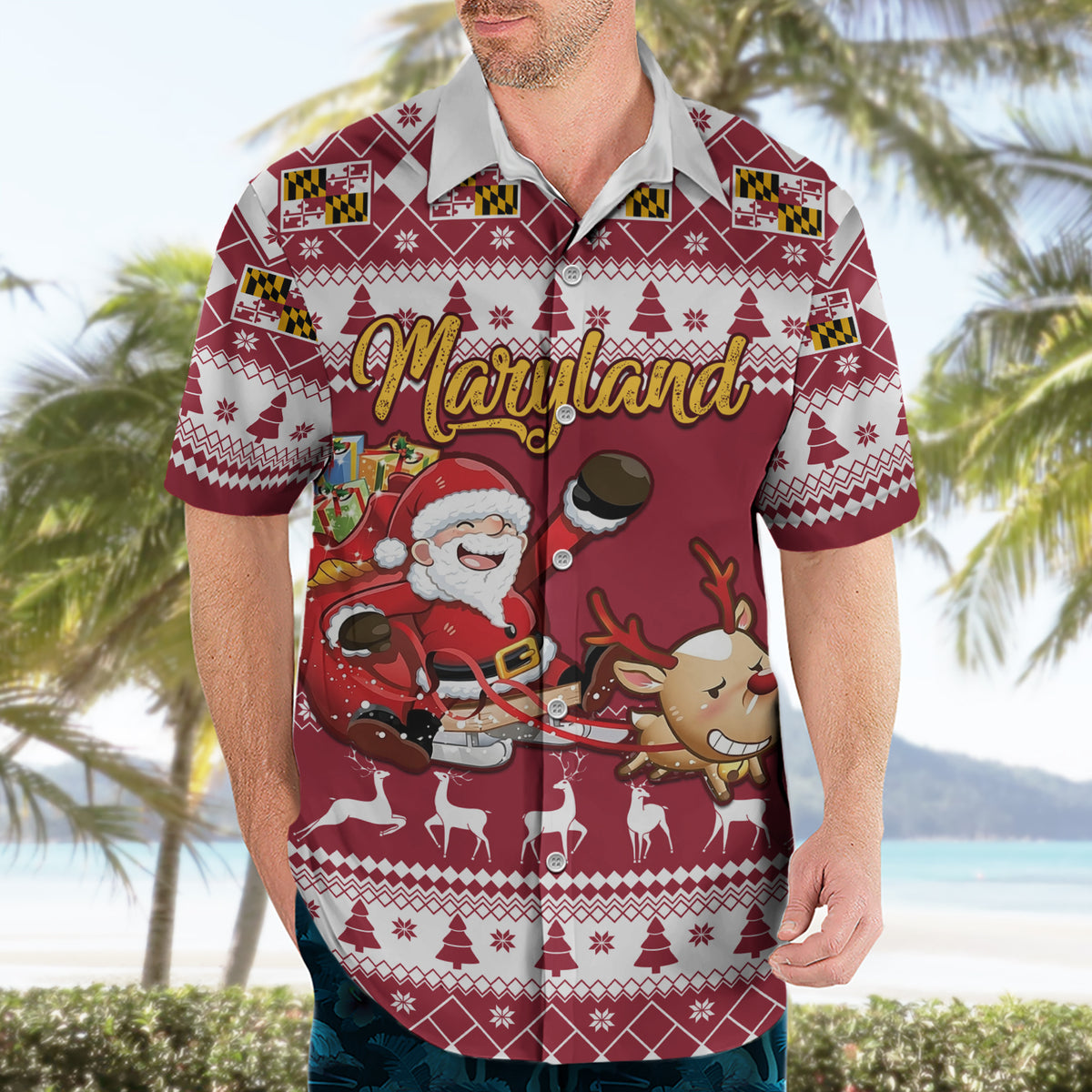 Custom Maryland Christmas Hawaiian Shirt Santa Claus Riding A Reindeer - Wonder Print Shop