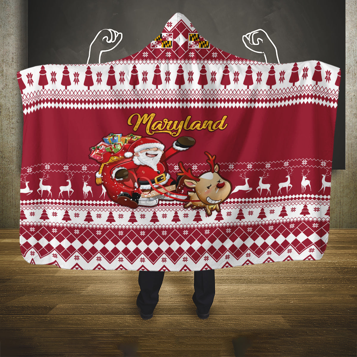 custom-maryland-christmas-hooded-blanket-santa-claus-riding-a-reindeer