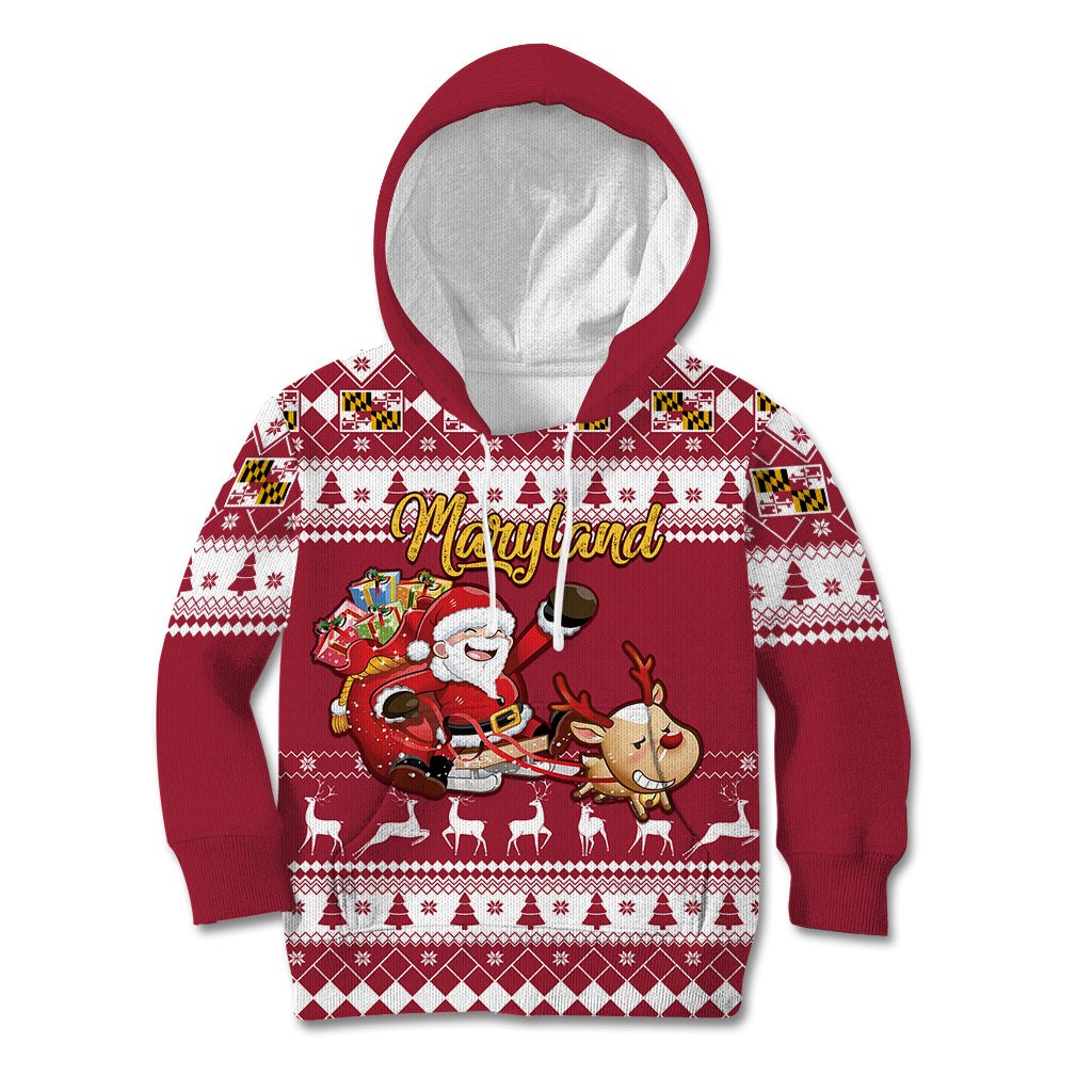Custom Maryland Christmas Kid Hoodie Santa Claus Riding A Reindeer - Wonder Print Shop