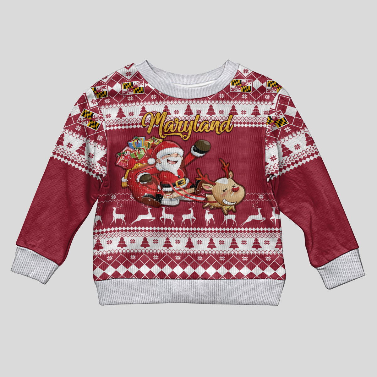 Custom Maryland Christmas Kid Ugly Christmas Sweater Santa Claus Riding A Reindeer - Wonder Print Shop