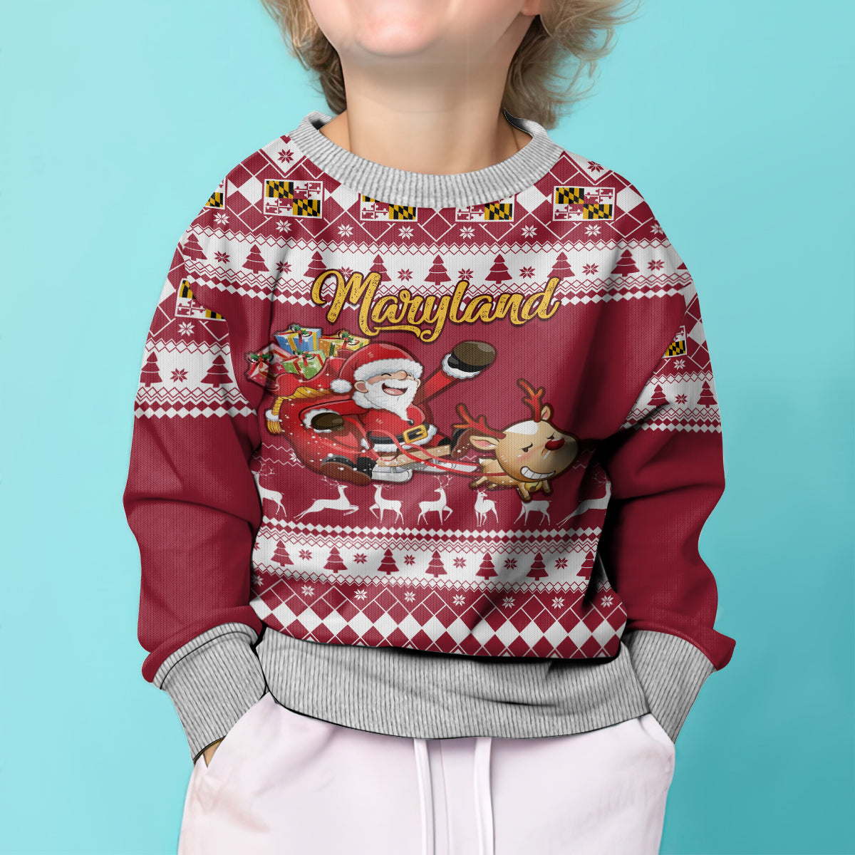 Custom Maryland Christmas Kid Ugly Christmas Sweater Santa Claus Riding A Reindeer - Wonder Print Shop